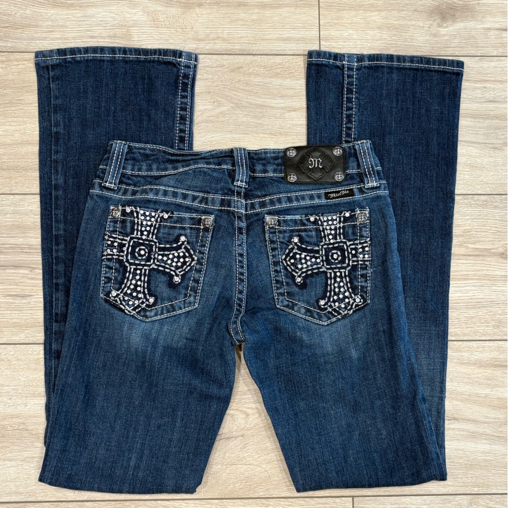 Miss Me Dark Blue Boot Cut Jeans with Cross Embellishments